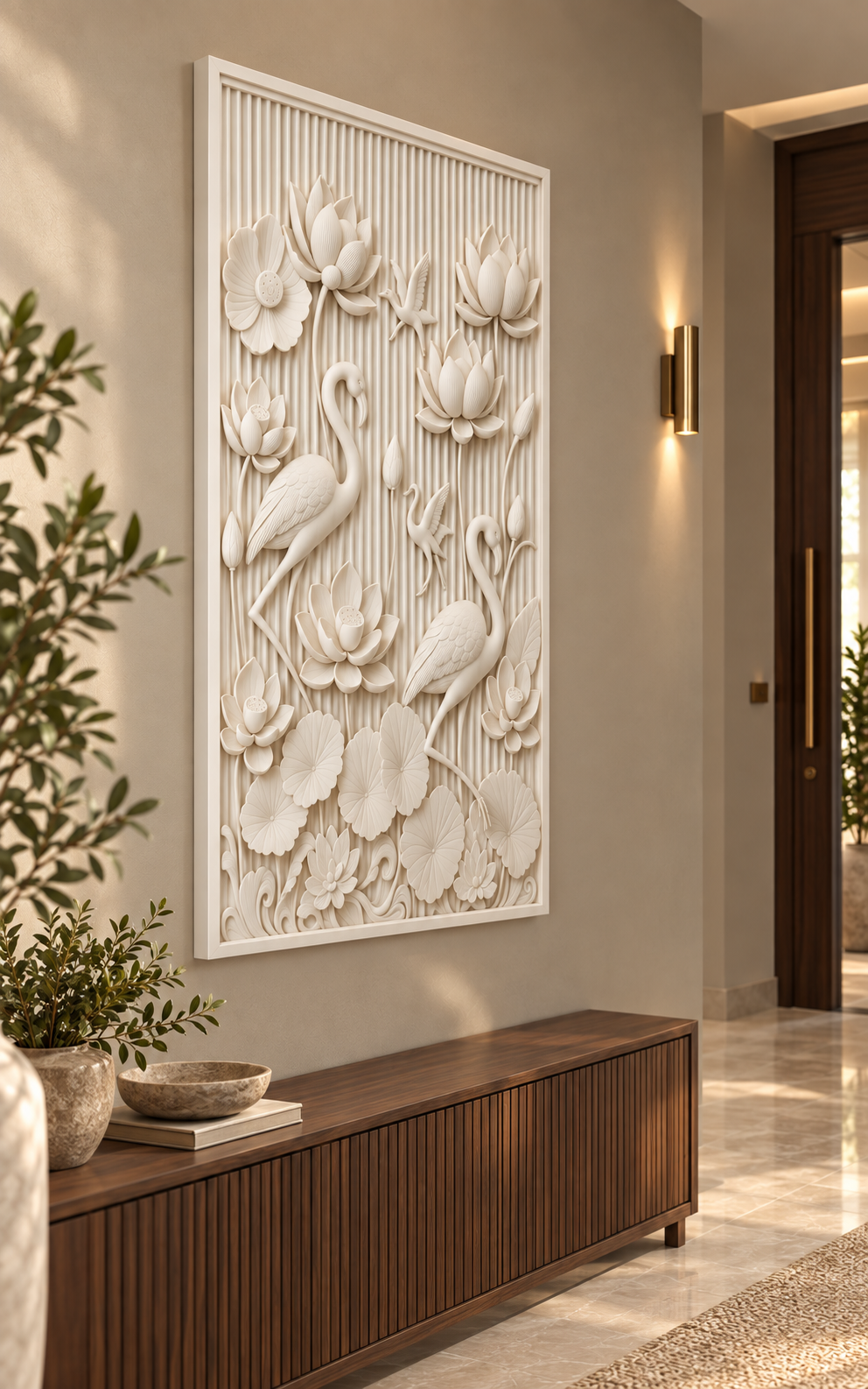 Wading Birds in the Lotus Grove Corian wall panel, 2.5 x 4 ft, left view in entrance foyer, 12–24 mm total depth