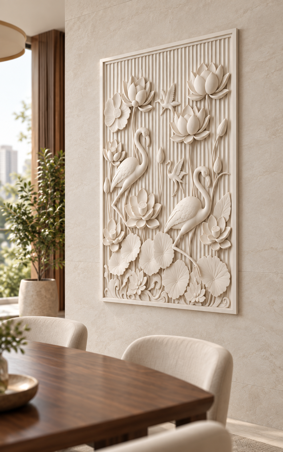 Wading Birds in the Lotus Grove Corian wall panel, 2.5 x 4 ft, right view in dining area, 12–24 mm total depth