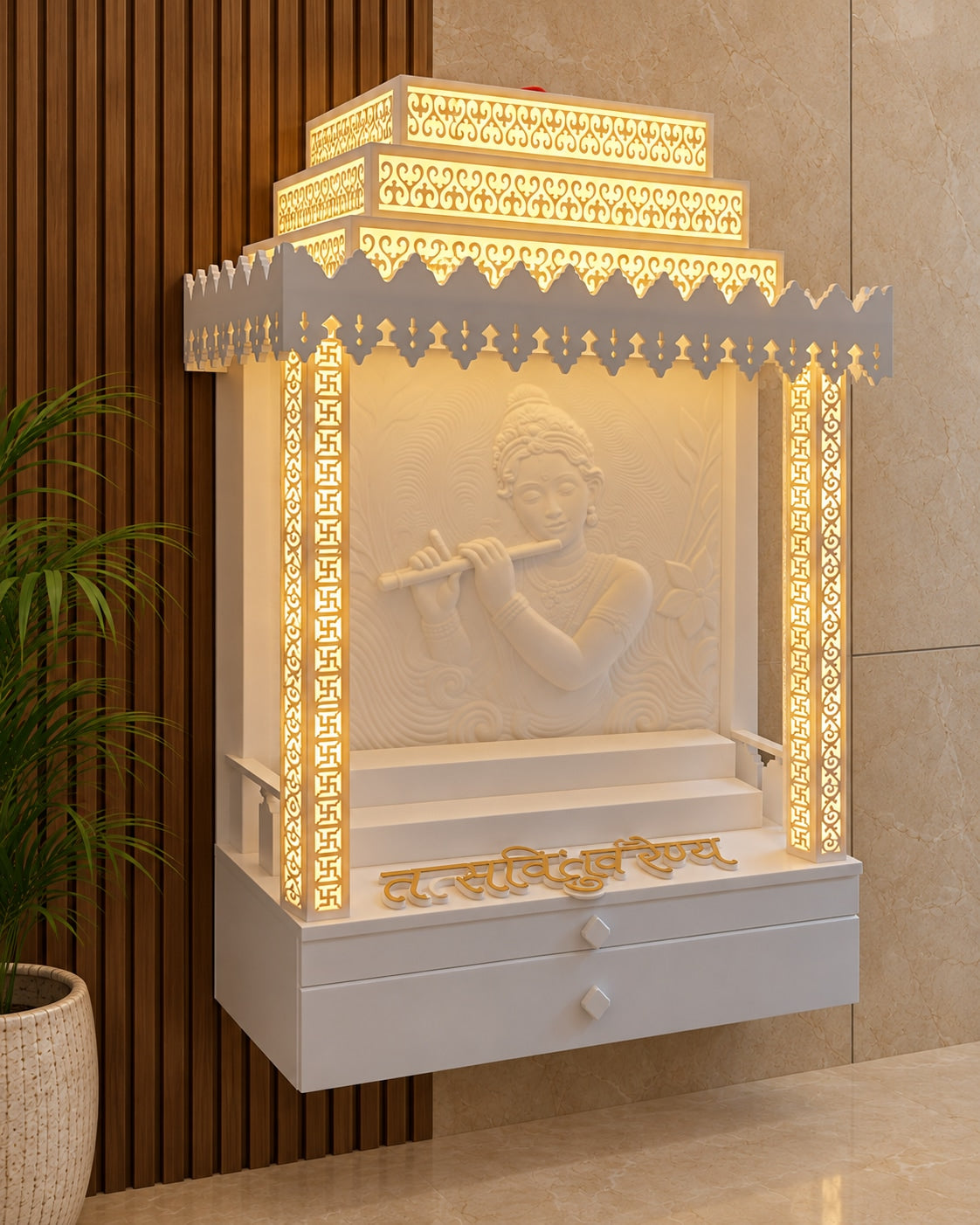 Left-angle view of compact wall-mounted Corian mandir with Krishna relief and stepped altar