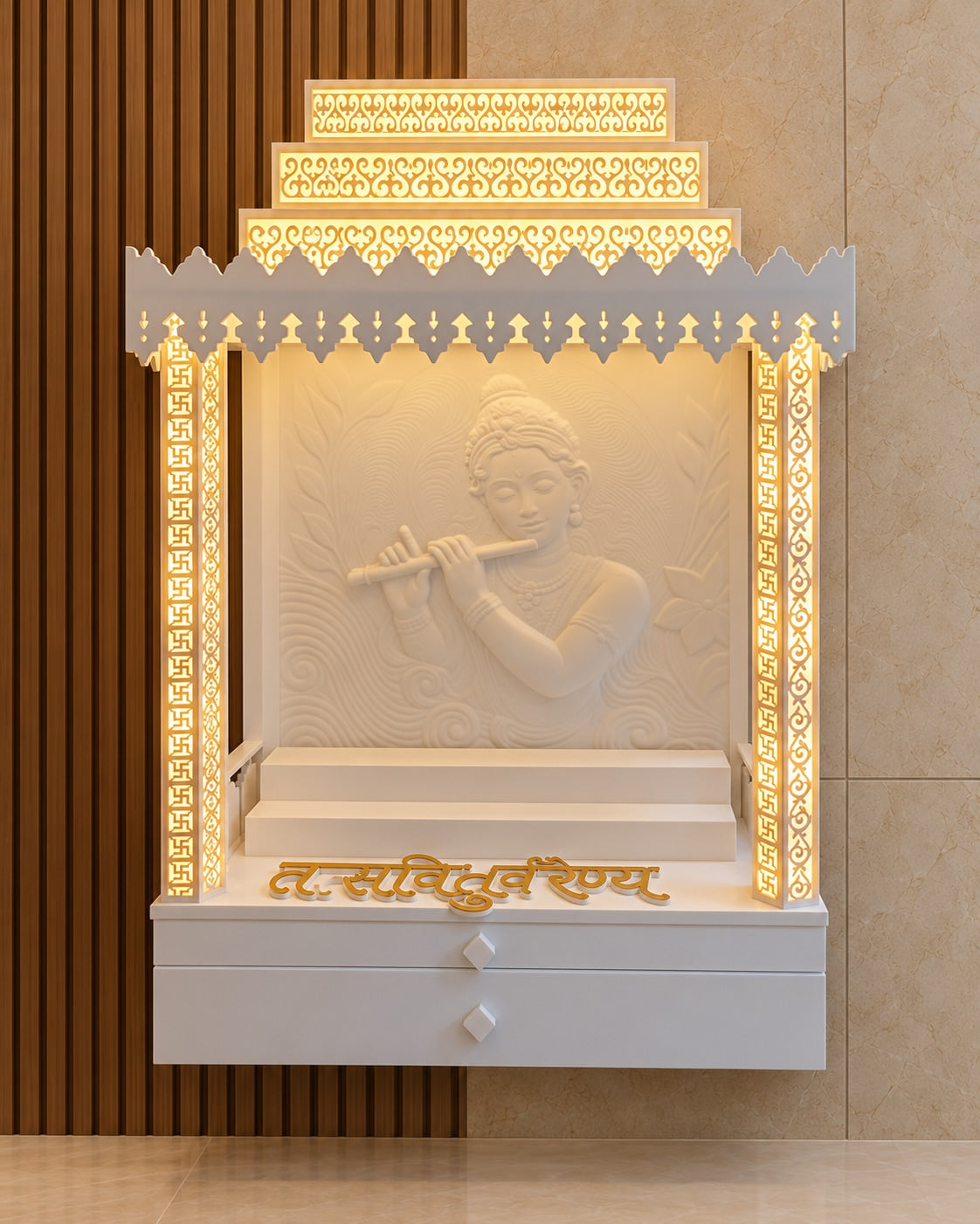 Front view of compact white Corian wall-mount mandir with 3D Lord Krishna backdrop and storage