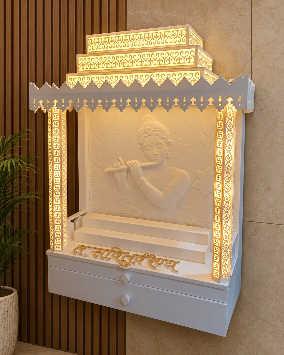 Right-angle view of Corian Krishna mandir showing illuminated canopy, patterned pillars and lower storage