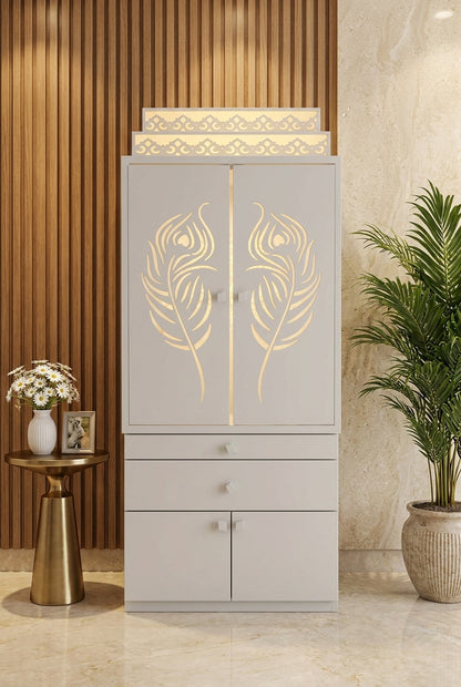 White Corian Home Temple with Doors — Hinged Pooja Mandir — Luxury Home Interior — Satguru Creations