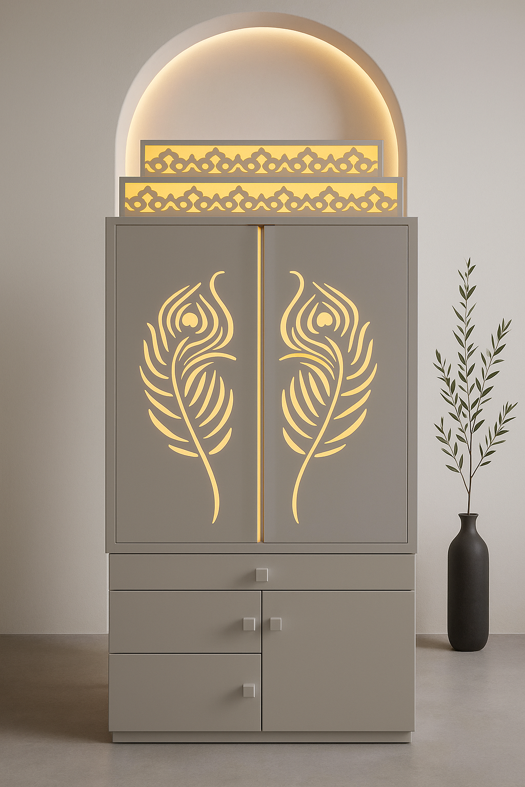 White Corian Home Temple with Doors — Hinged Pooja Mandir — Luxury Indian Home Interior — Satguru Creations