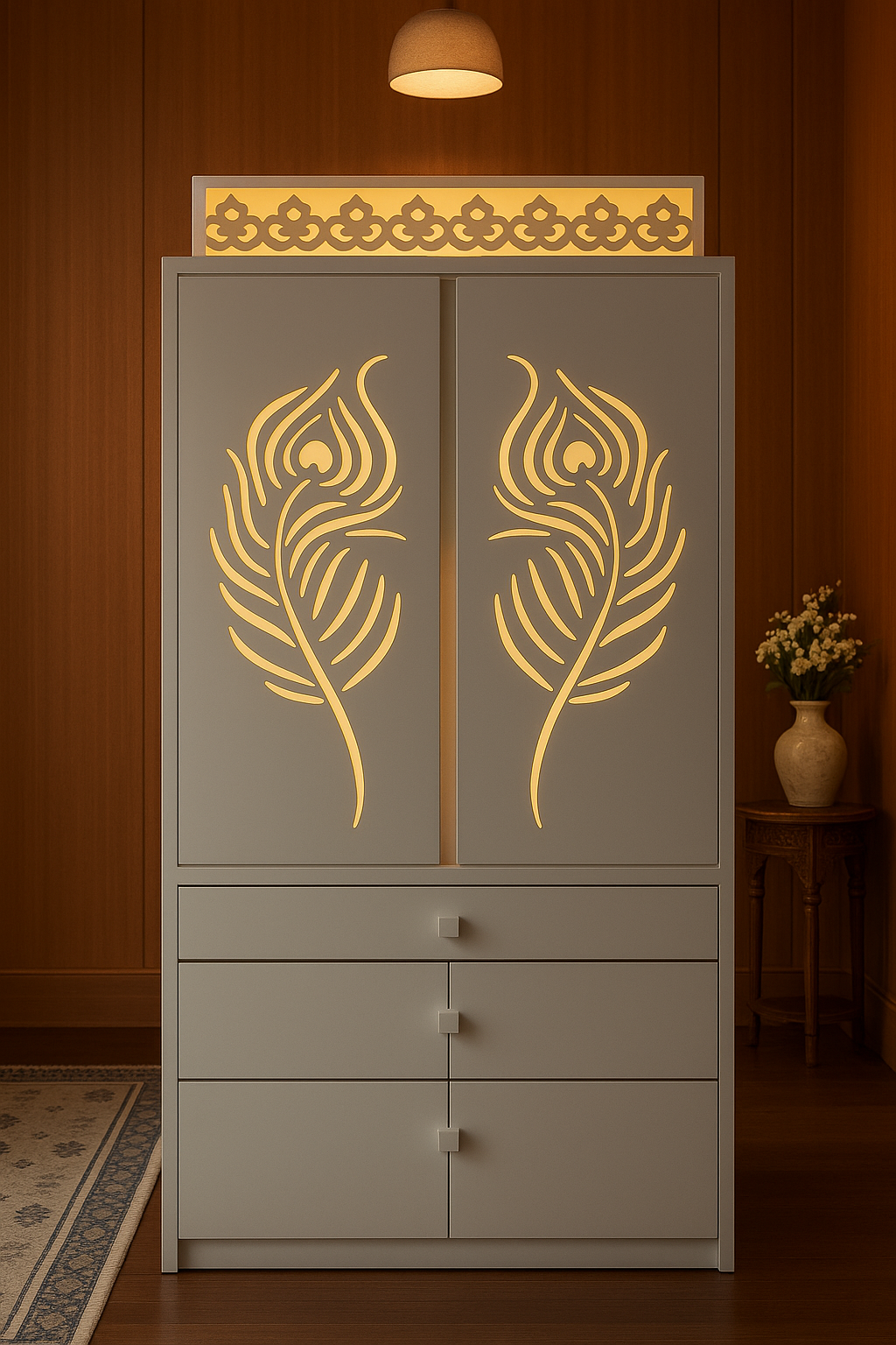 White Corian Home Temple with Doors — Hinged Pooja Mandir — Luxury Indian Home Interior — Satguru Creations