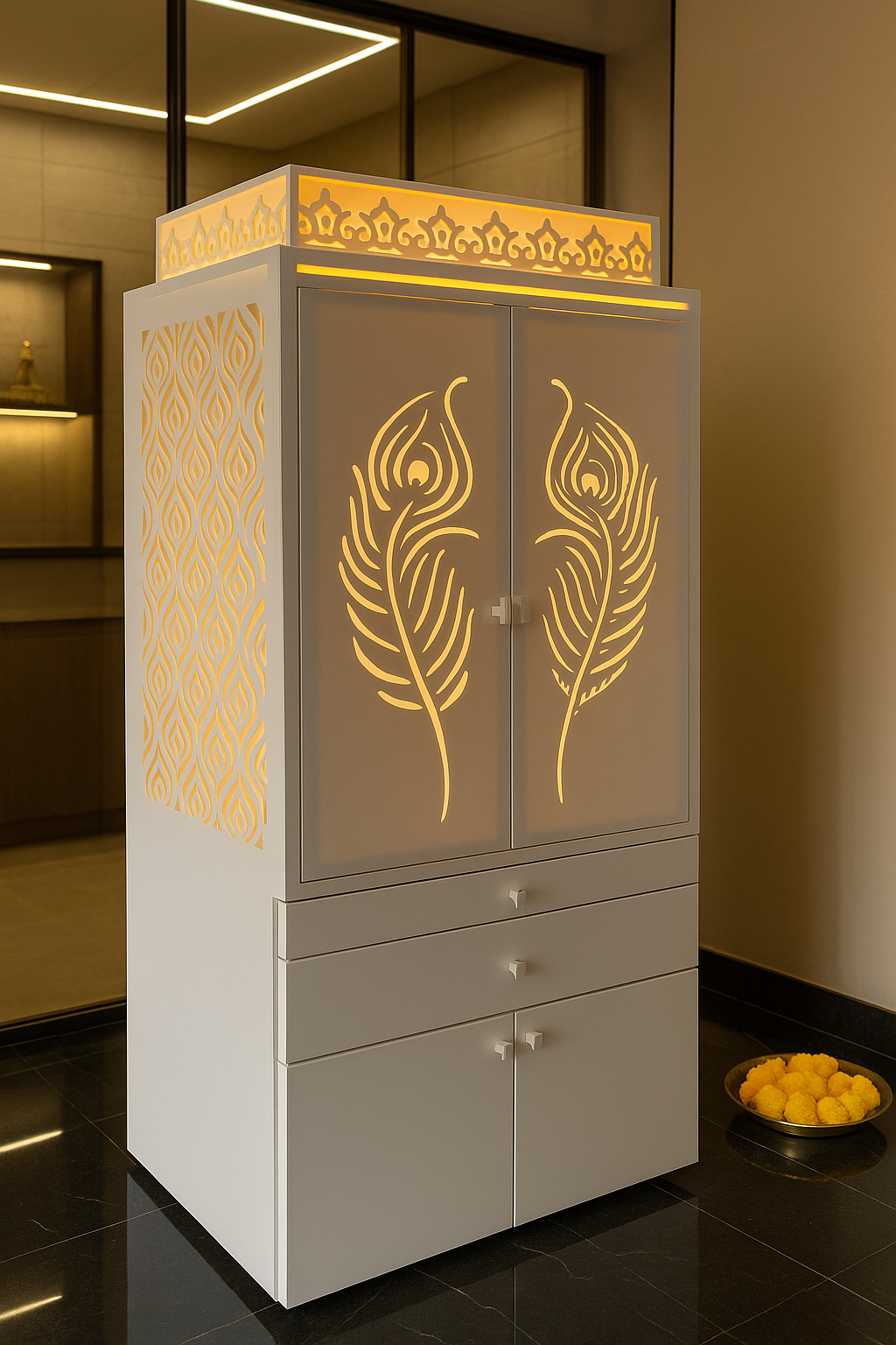 White Corian Home Temple with Doors — Hinged Pooja Mandir — Luxury Indian Home Interior — Satguru Creations