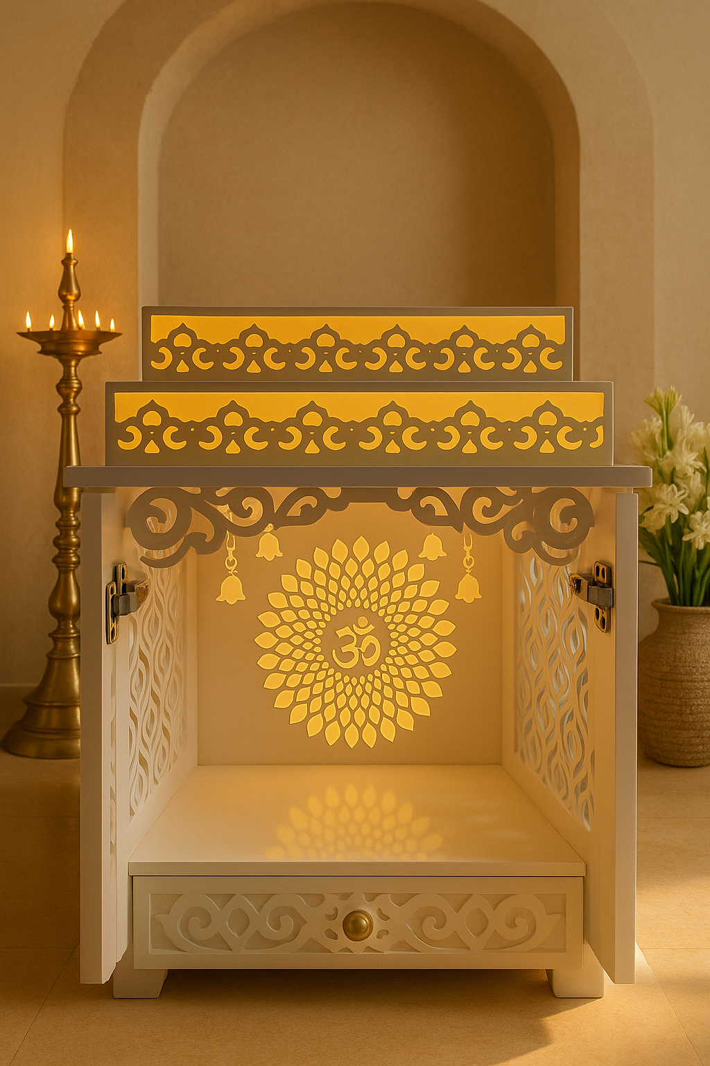 White Corian Home Temple with Doors — Hinged Pooja Mandir — Luxury Indian Home Interior — Satguru Creations