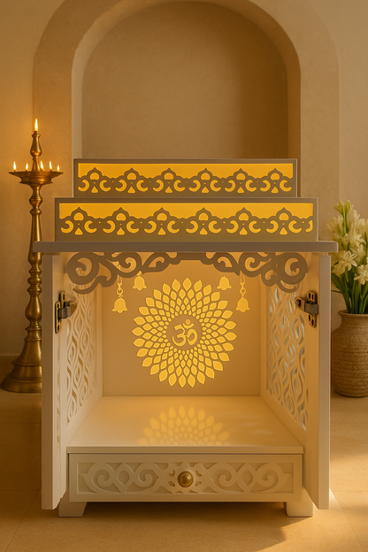 White Corian Home Temple with Doors — Hinged Pooja Mandir — Luxury Indian Home Interior — Satguru Creations