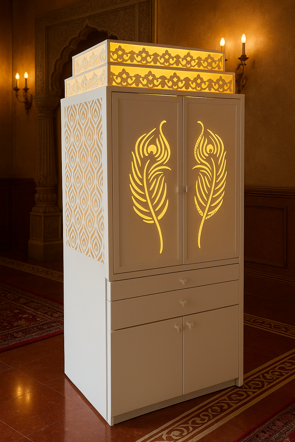 White Corian Home Temple with Doors — Hinged Pooja Mandir — Luxury Indian Home Interior — Satguru Creations
