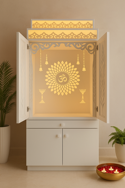 White Corian Home Temple with Doors — Hinged Pooja Mandir — Luxury Indian Home Interior — Satguru Creations
