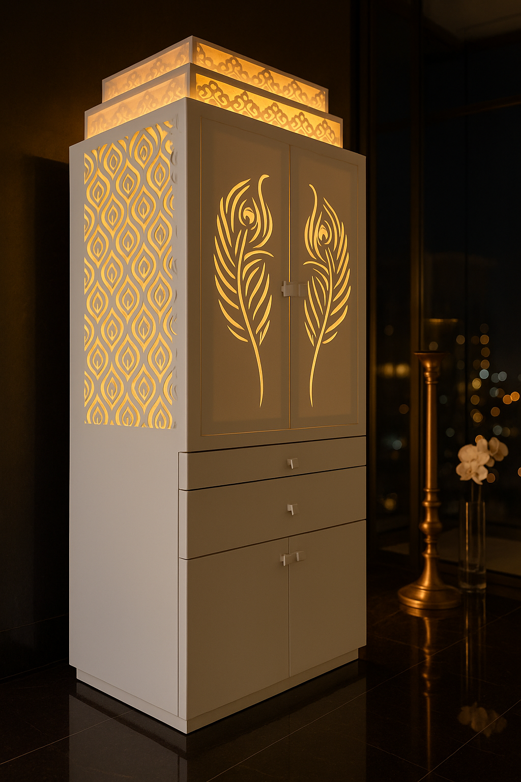 White Corian Home Temple with Doors — Hinged Pooja Mandir — Luxury Indian Home Interior — Satguru Creations