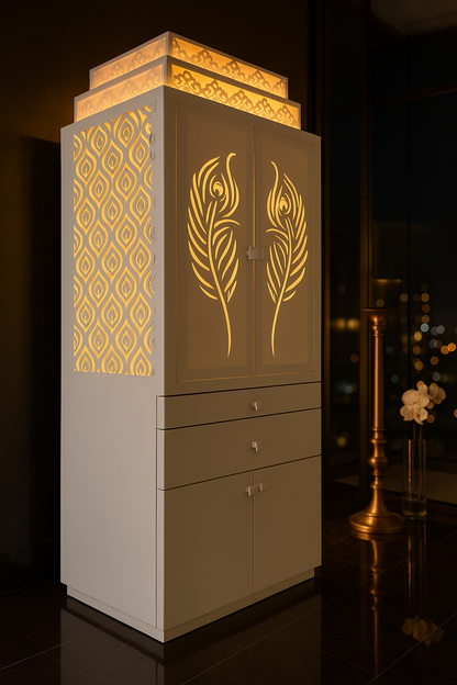 White Corian Home Temple with Doors — Hinged Pooja Mandir — Luxury Indian Home Interior — Satguru Creations
