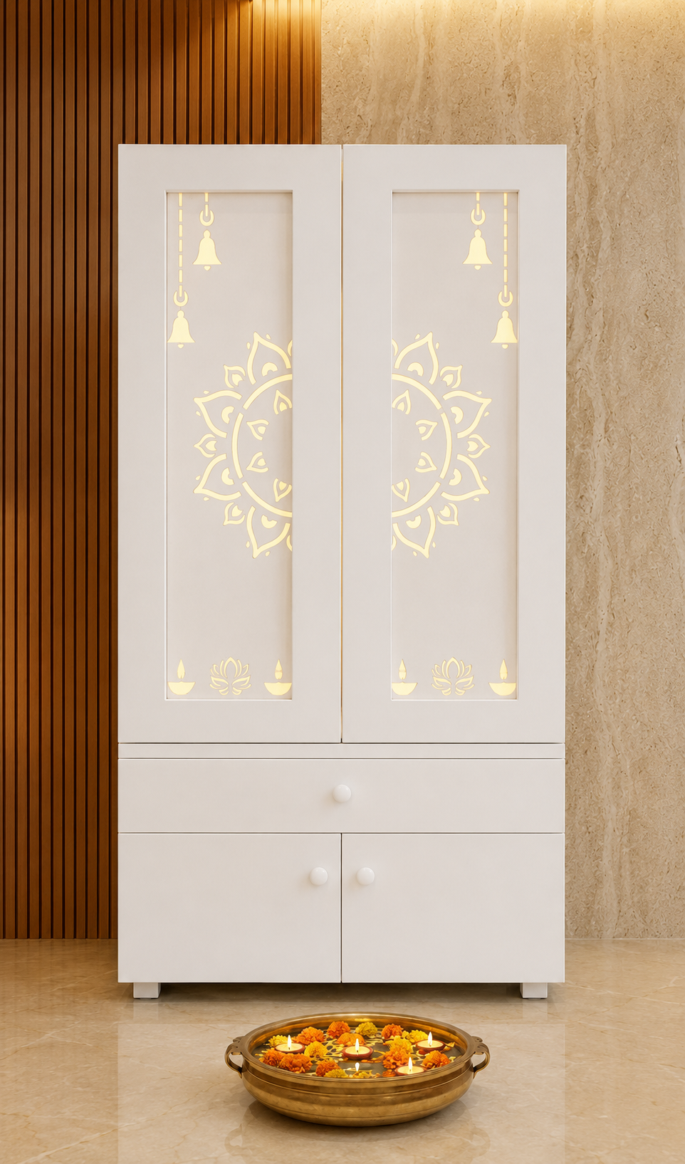 Front view of a fully white Corian mandir with closed backlit lotus jali doors and storage