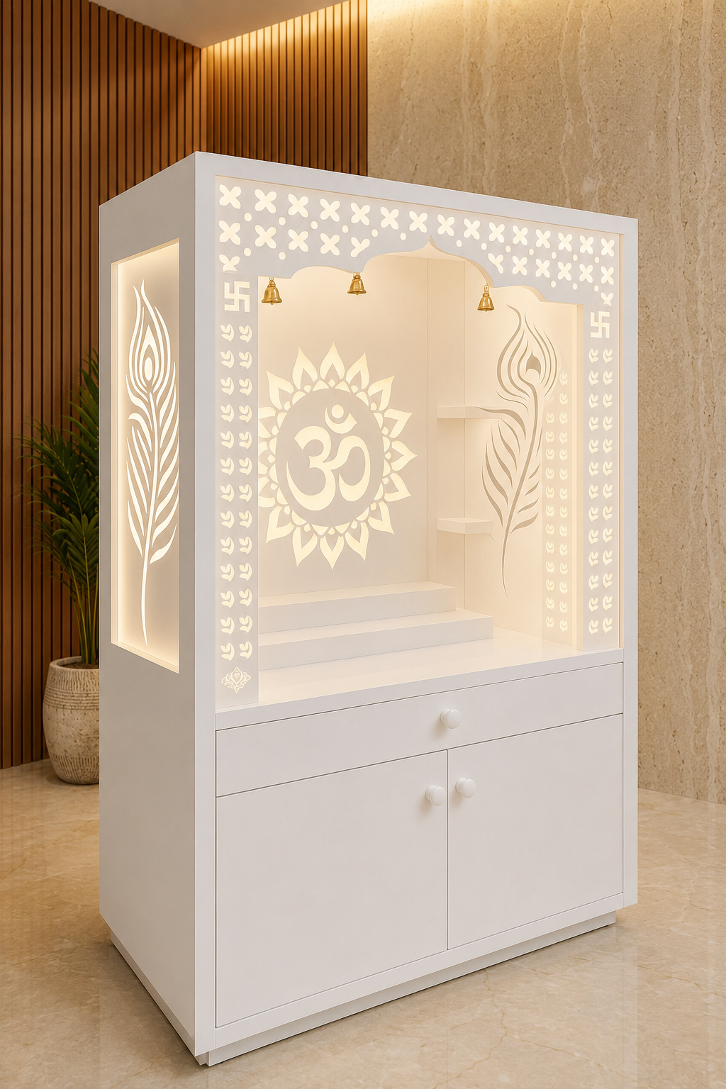 Angled view of a white Corian mandir with floral jali, feather panels and lower storage cabinet