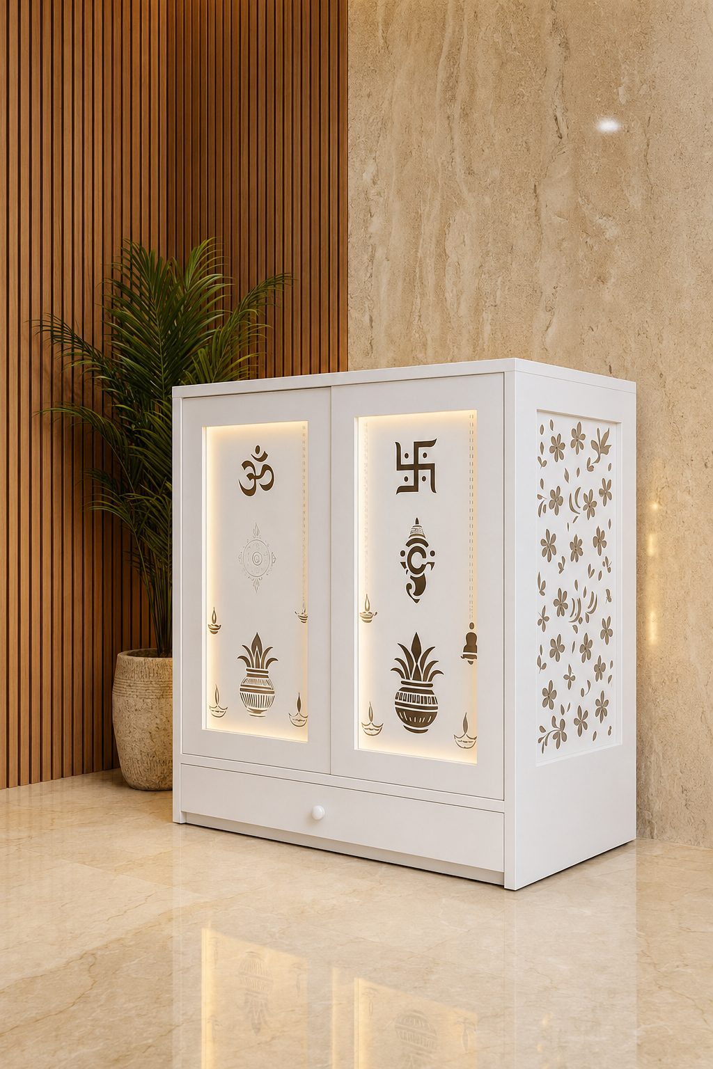Fully white Corian mandir with closed pocket doors, illuminated Hindu motifs and lower storage drawer