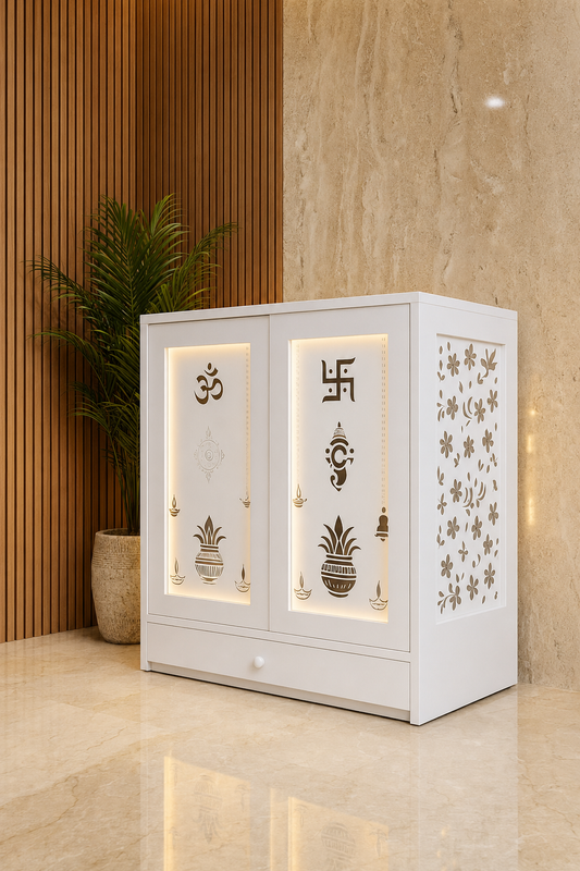 Fully white Corian mandir with closed pocket doors, illuminated Hindu motifs and lower storage drawer