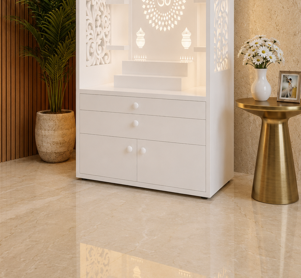White Corian mandir storage with drawers and round Corian knobs