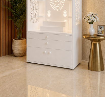 White Corian mandir storage with drawers and round Corian knobs