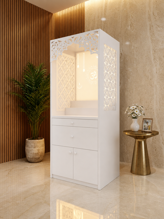 Fully white Corian mandir with two drawers, storage cabinet and backlit Om panel in a luxury home