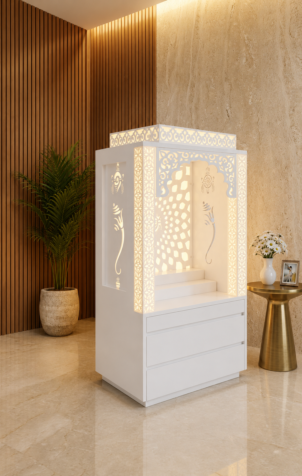 Compact white Corian apartment mandir with backlit jhaali and two storage drawers