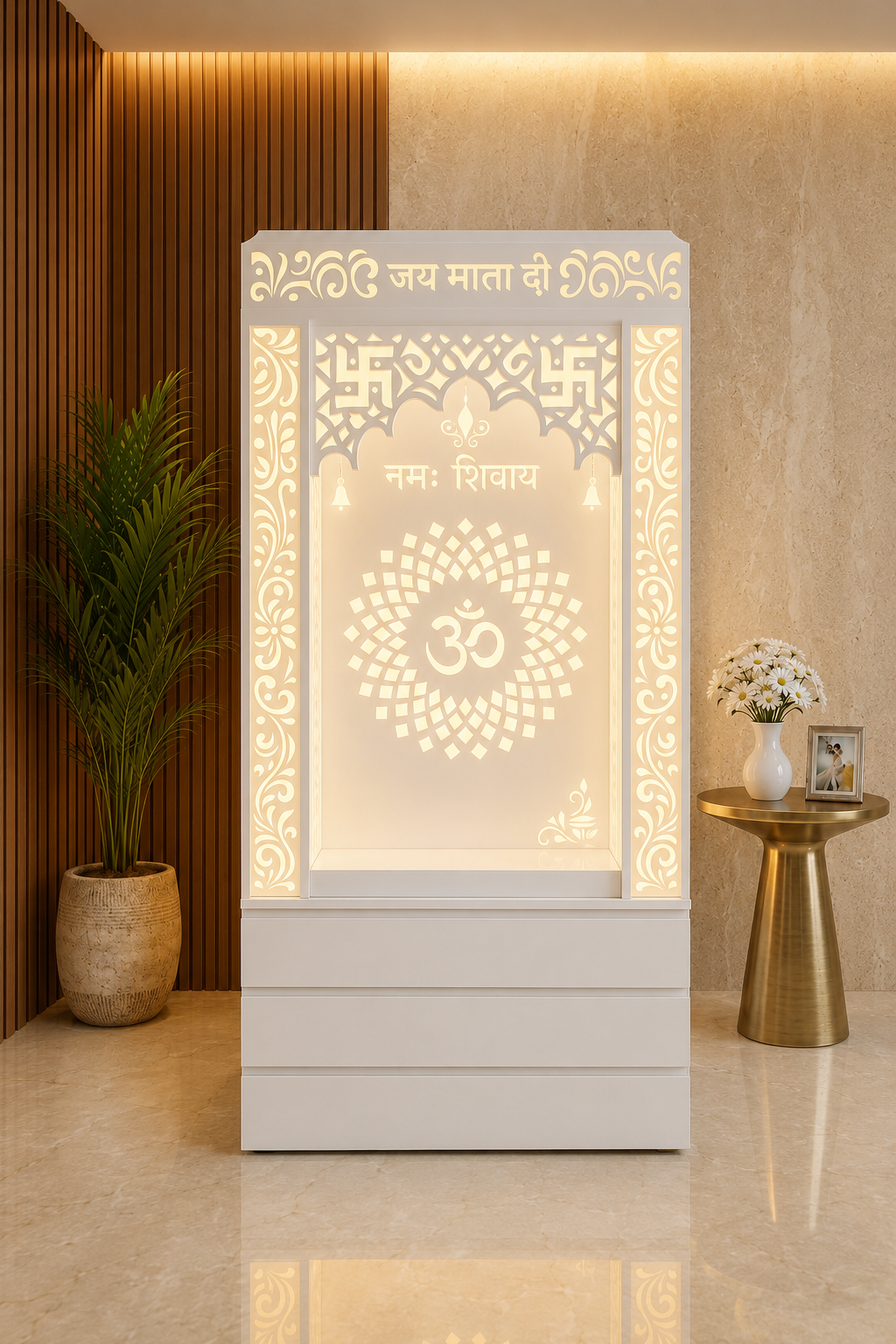 White Corian Om mandir with backlit swastik jhaali, carved pillars and three drawers
