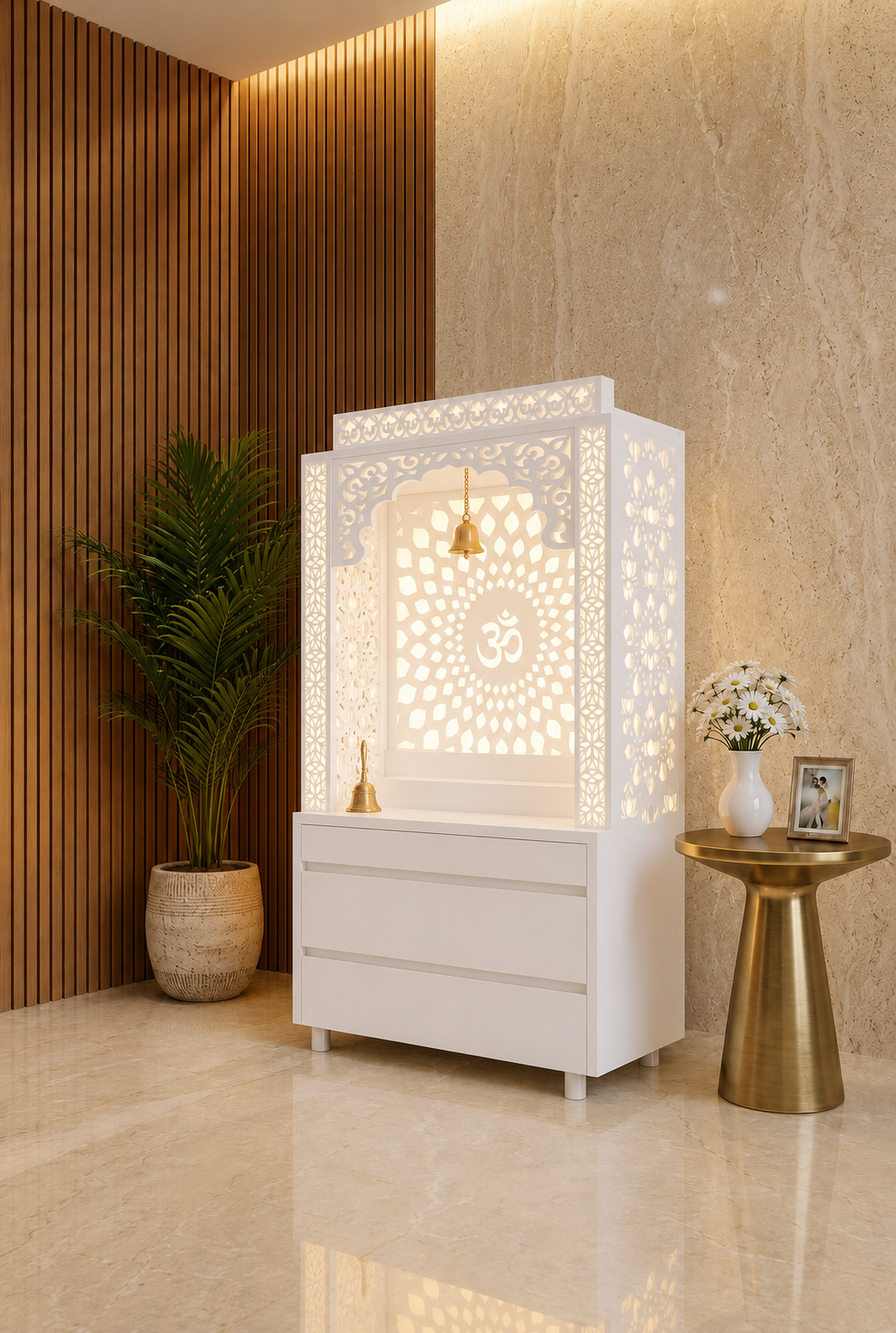 White Corian home mandir with warm Om backlighting, side motifs and two drawers