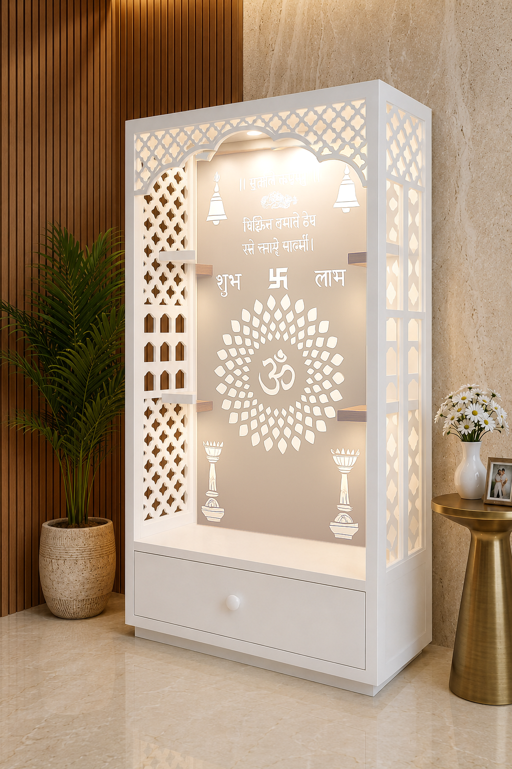 White Corian open temple with illuminated jali, devotional Om panel and single wide storage drawer