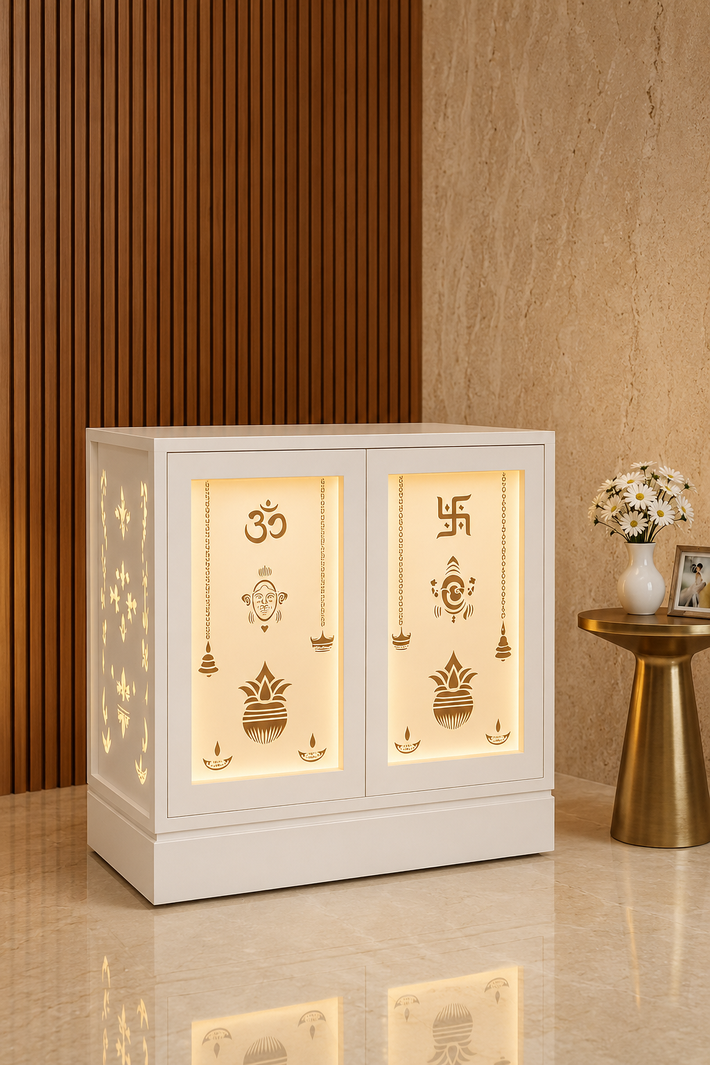 Closed fully white Corian puja mandir with backlit Om and Swastik doors in a luxury interior