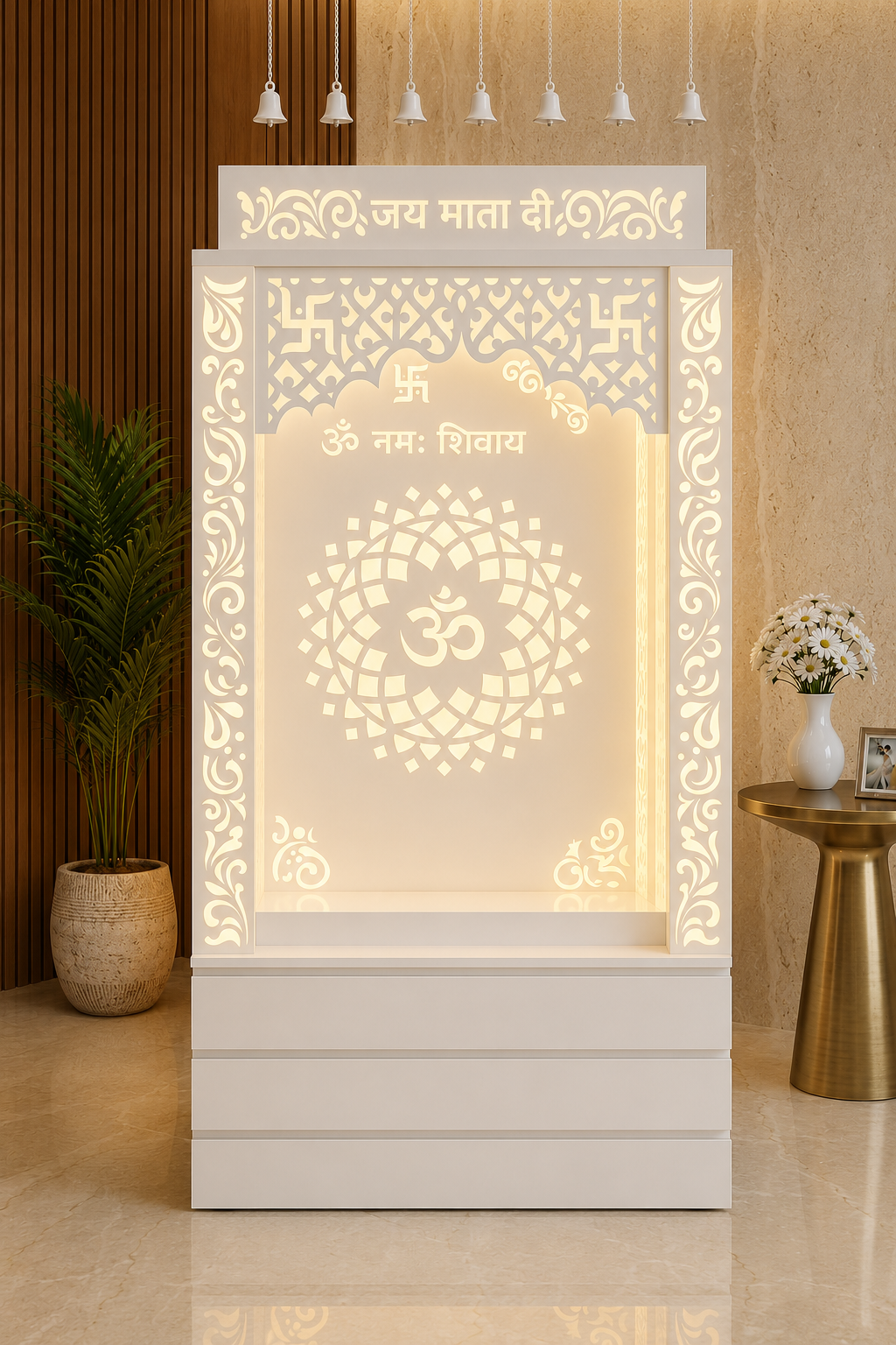 Backlit white Corian Shiv Om temple with carved side borders and three storage drawers