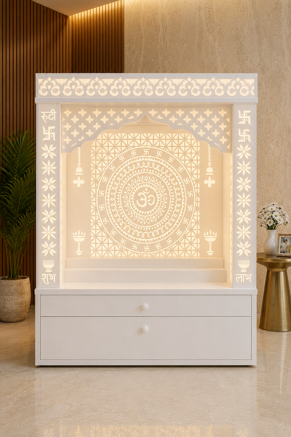 Fully white Corian pooja mandir with star jhaali, sacred pillar motifs and round Corian knobs