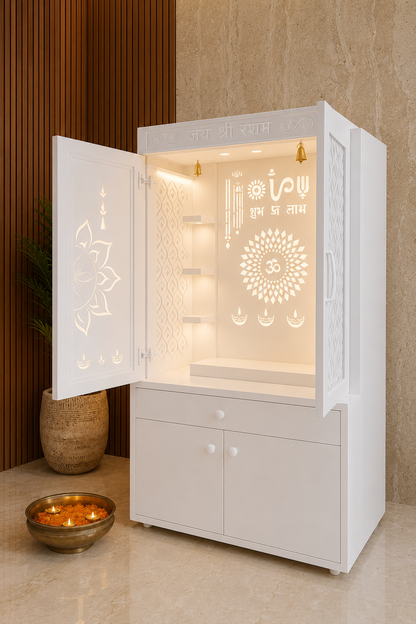 White Corian home temple with pocket doors open, inner jhaali shelves and cabinet storage