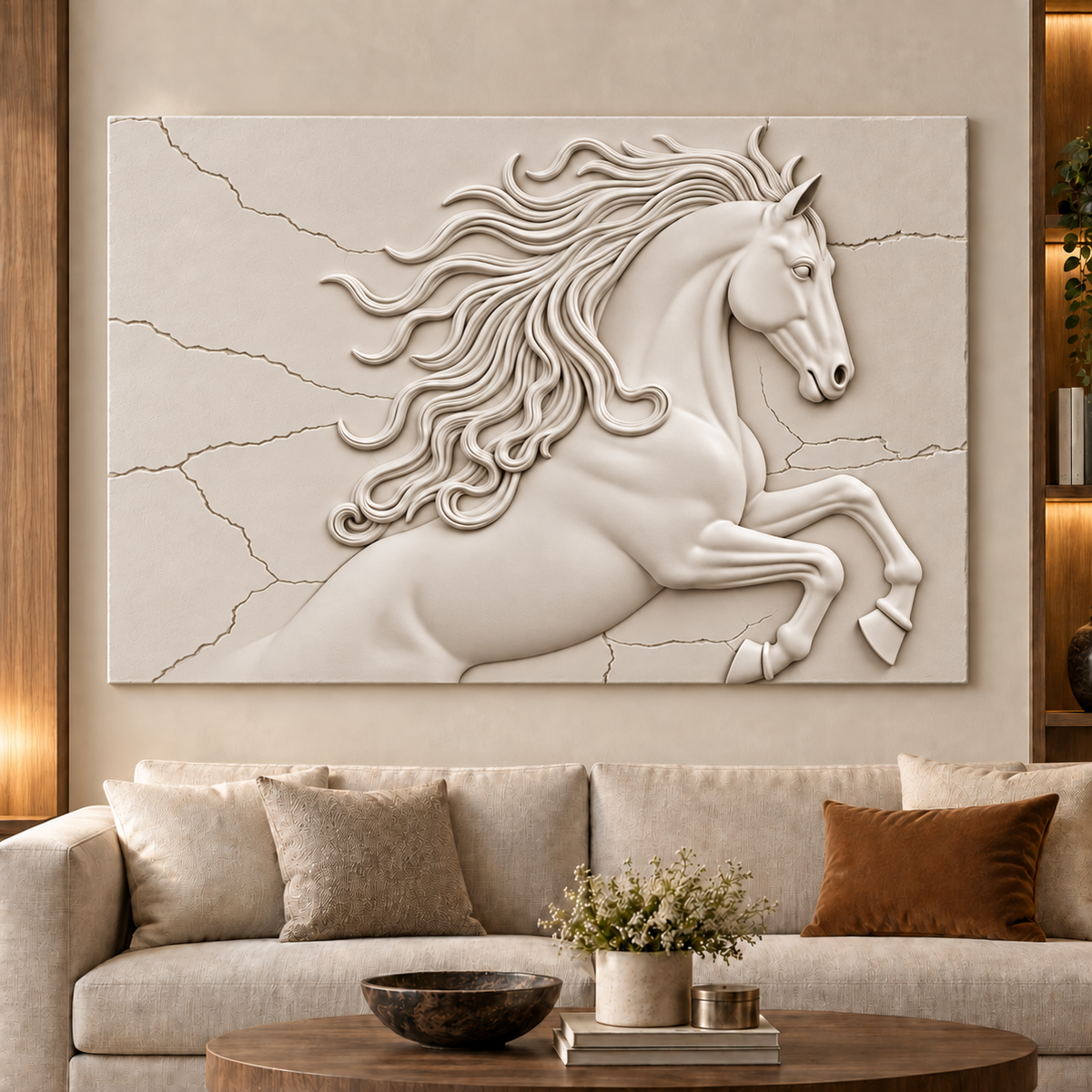 Windborne Mane Horse Corian wall panel, front view in a Mumbai living room statement wall; AI-assisted concept visualisation