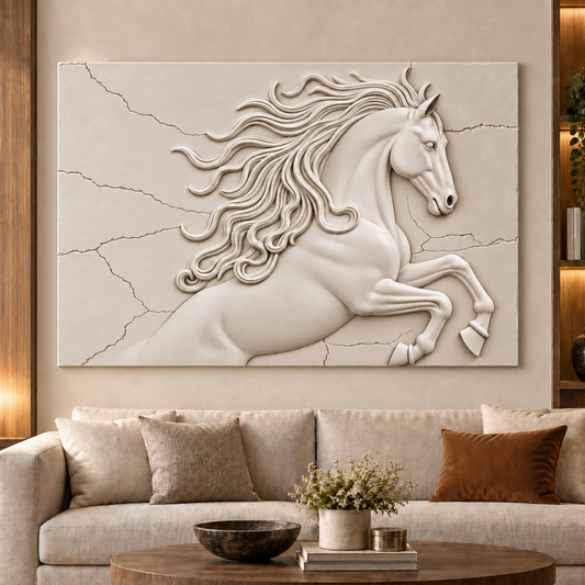 Windborne Mane Horse Corian wall panel, front view in a Mumbai living room statement wall; AI-assisted concept visualisation