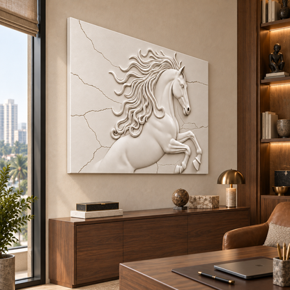 Windborne Mane Horse Corian wall panel, left view in a Mumbai home office lounge wall; AI-assisted concept visualisation