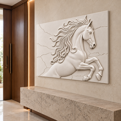 Windborne Mane Horse Corian wall panel, right view in a Mumbai entrance reception wall; AI-assisted concept visualisation