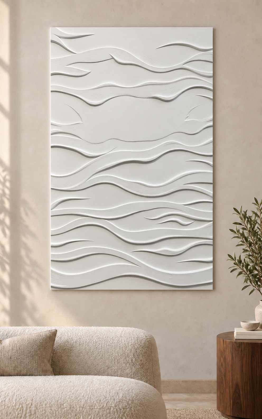 Windcut Ripple Corian wall panel, front view in a Mumbai living room accent wall; AI-assisted concept visualisation