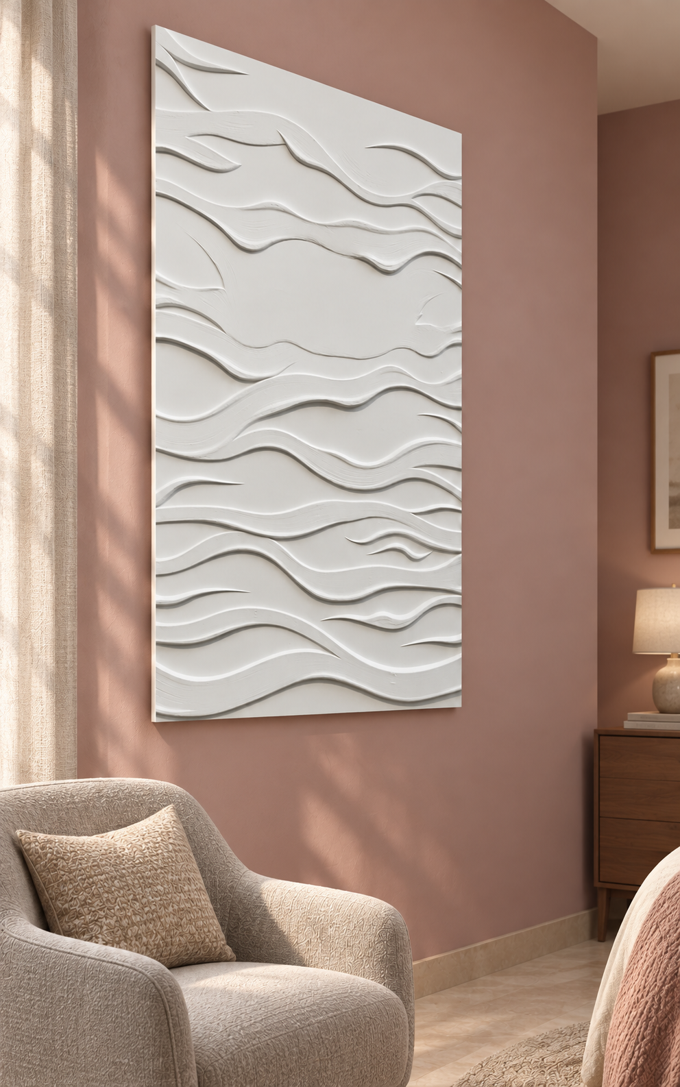 Windcut Ripple Corian wall panel, left view in a Mumbai bedroom reading corner; AI-assisted concept visualisation