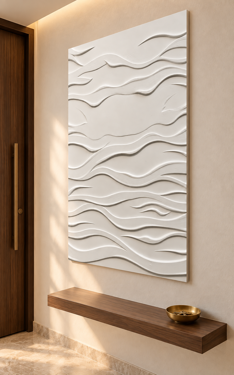 Windcut Ripple Corian wall panel, right view in a Mumbai entrance foyer; AI-assisted concept visualisation