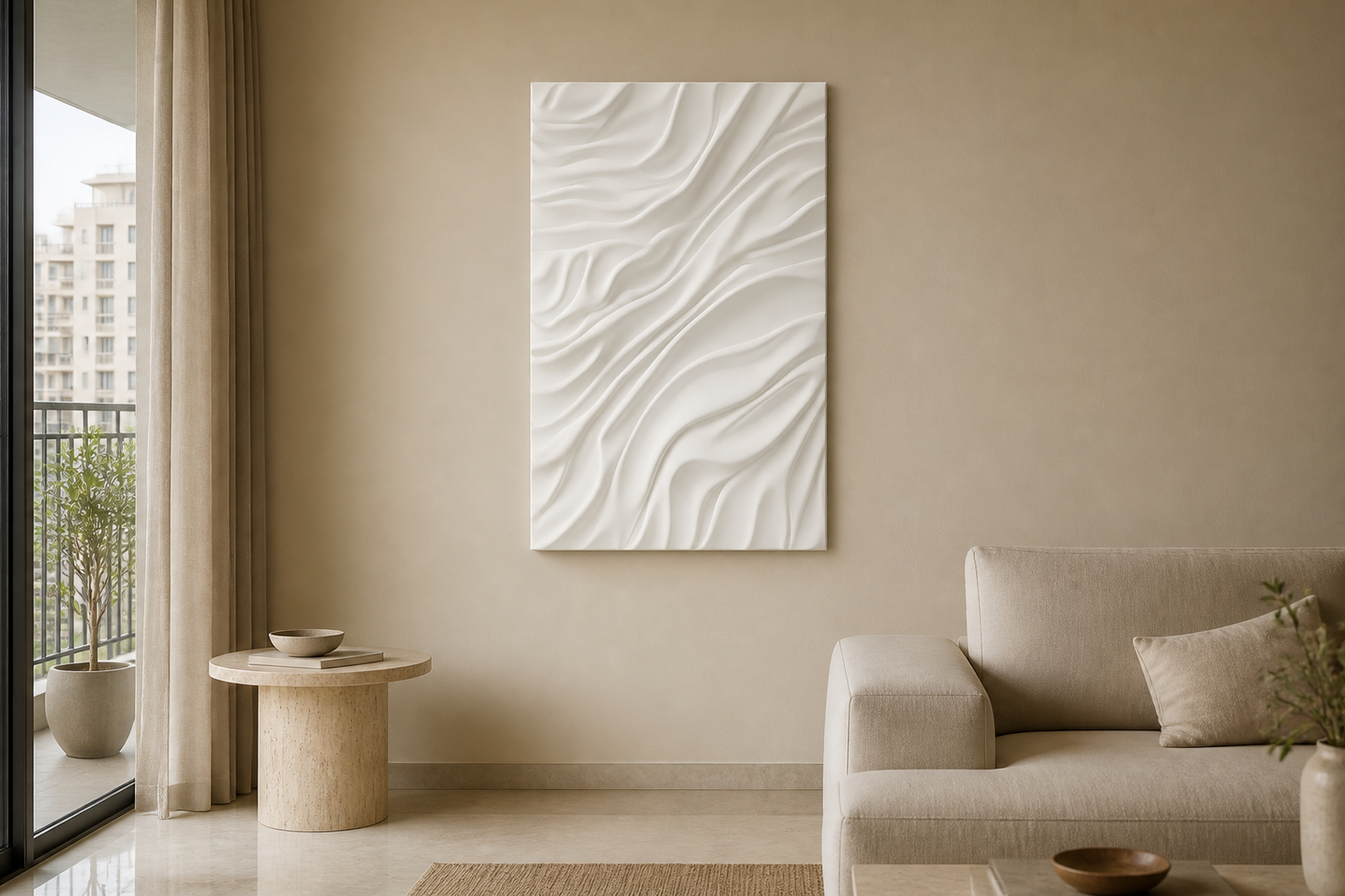 Windfold white Corian wall panel, front view in a Mumbai home interior visualisation