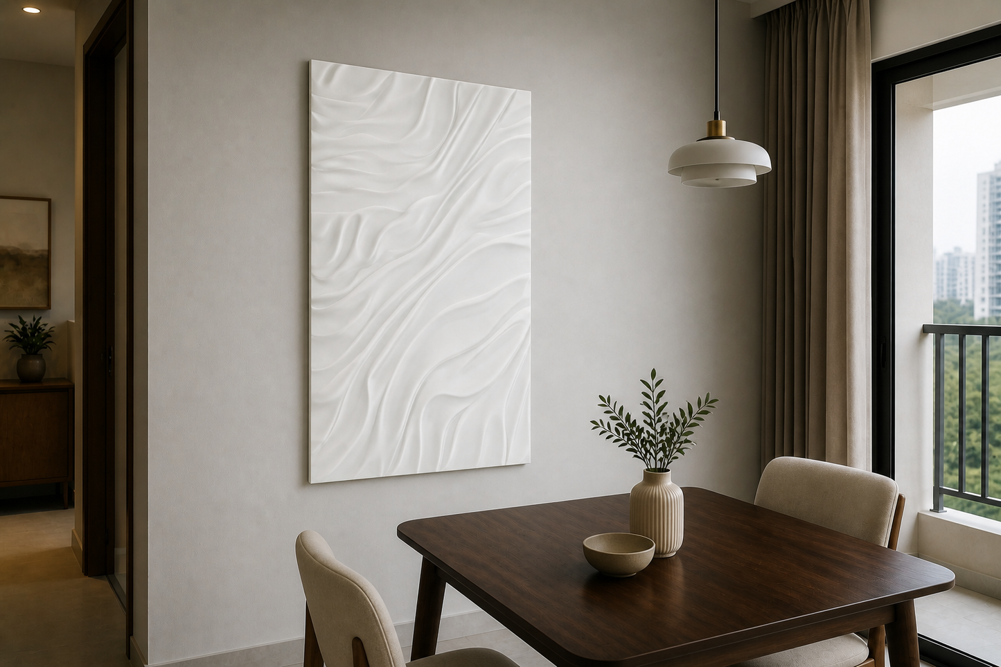 Windfold white Corian wall panel, left angle view in a Mumbai home interior visualisation