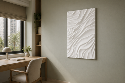 Windfold white Corian wall panel, right angle view in a Mumbai home interior visualisation