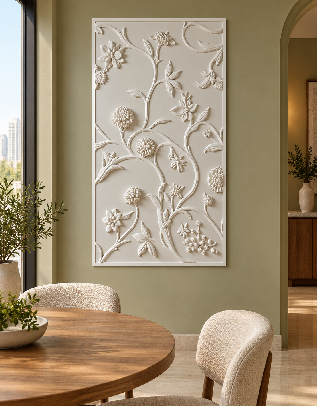 Winding Blossom Garden Corian wall panel front view in pale olive Mumbai dining corner with an oak table