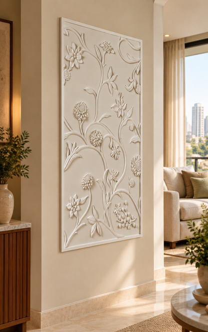 Winding Blossom Garden Corian wall panel left view in warm cream Mumbai living room with linen seating