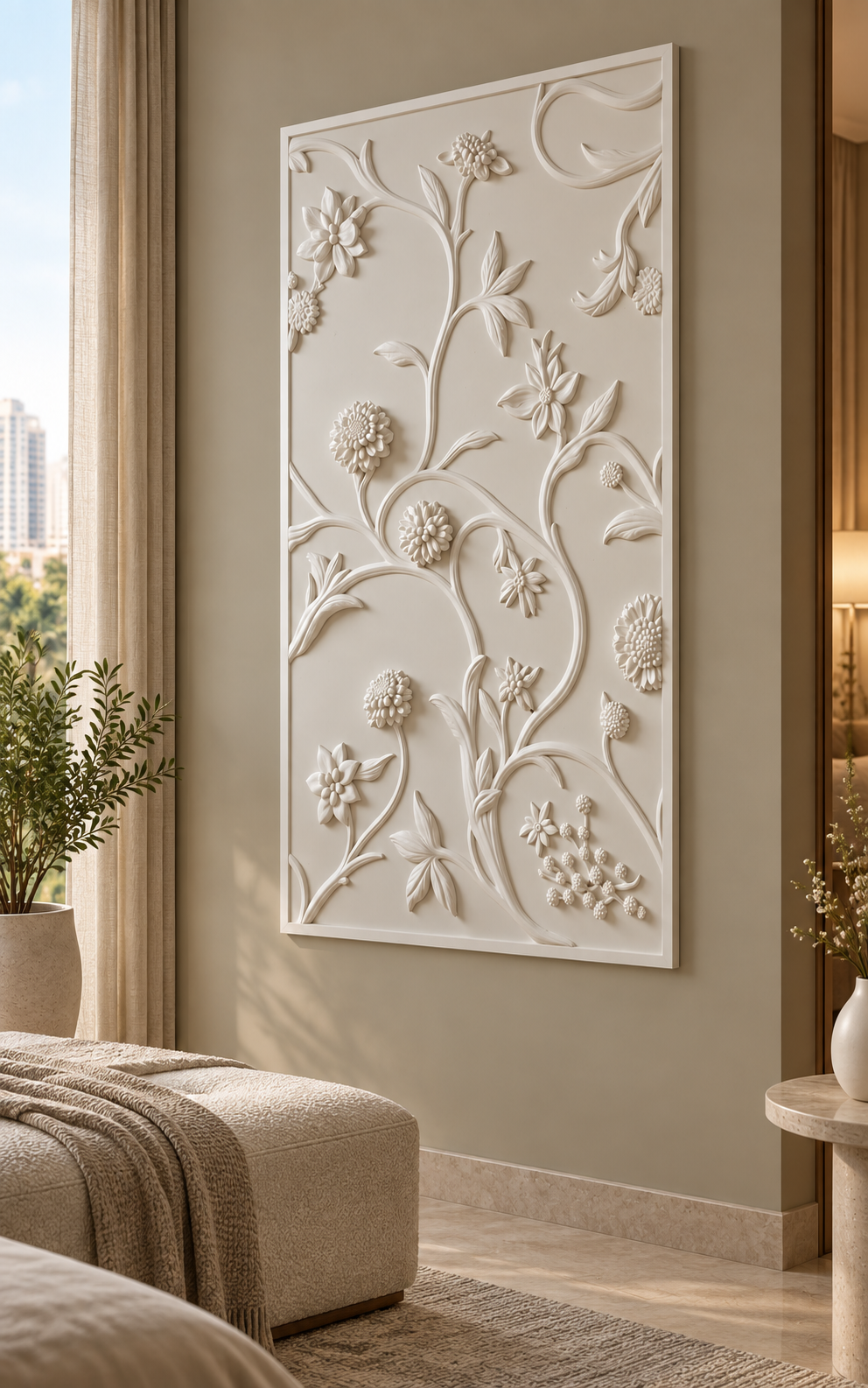 Winding Blossom Garden Corian wall panel right view in soft taupe Mumbai bedroom lounge with a low upholstered bench