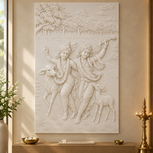 Woodland Companions Tableau Corian Wall Panel, front view in a Juhu apartment prayer room, showing the complete shallow relief.