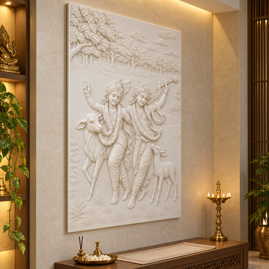 Woodland Companions Tableau Corian Wall Panel, left view in a Ghatkopar family mandir, showing the complete shallow relief.