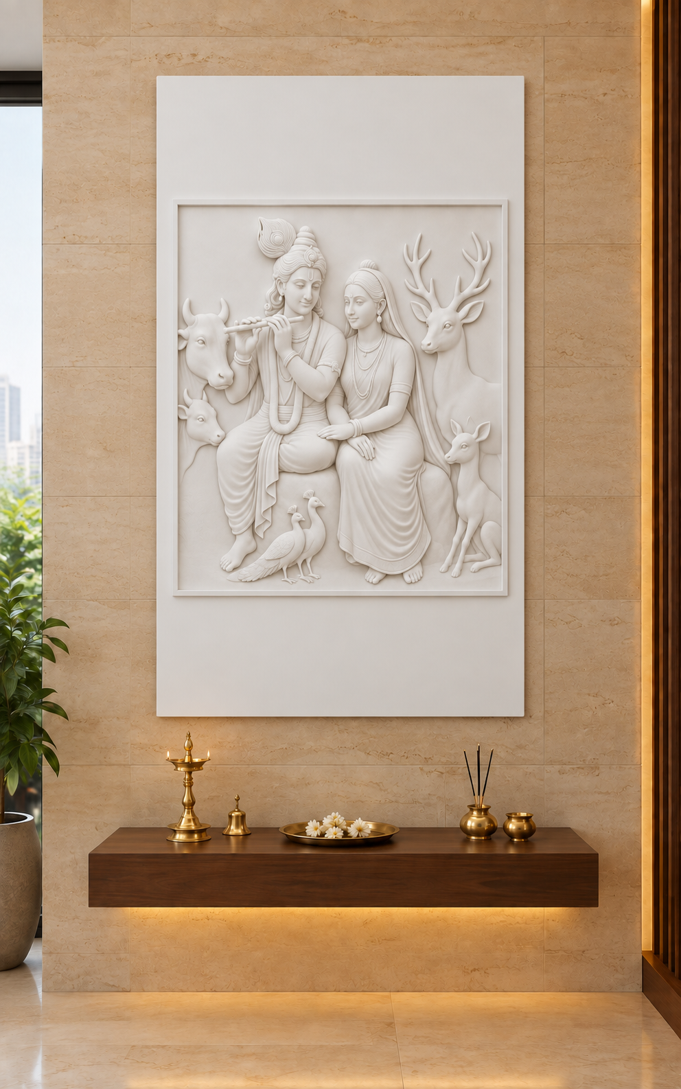 Woodland Radha Krishna satin white Corian wall panel front view in luxury Chembur Mumbai pooja room with sandstone wall and floating dark teak altar