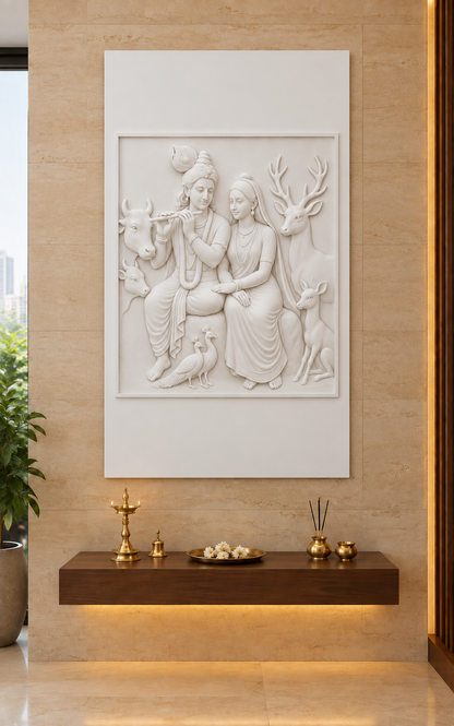 Woodland Radha Krishna satin white Corian wall panel front view in luxury Chembur Mumbai pooja room with sandstone wall and floating dark teak altar
