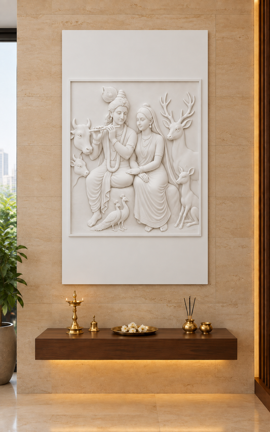 Woodland Radha Krishna satin white Corian wall panel front view in luxury Chembur Mumbai pooja room with sandstone wall and floating dark teak altar
