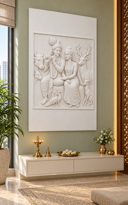 Woodland Radha Krishna satin white Corian wall panel left view in luxury Ghatkopar Mumbai prayer room with pale sage wall and low ivory prayer cabinet