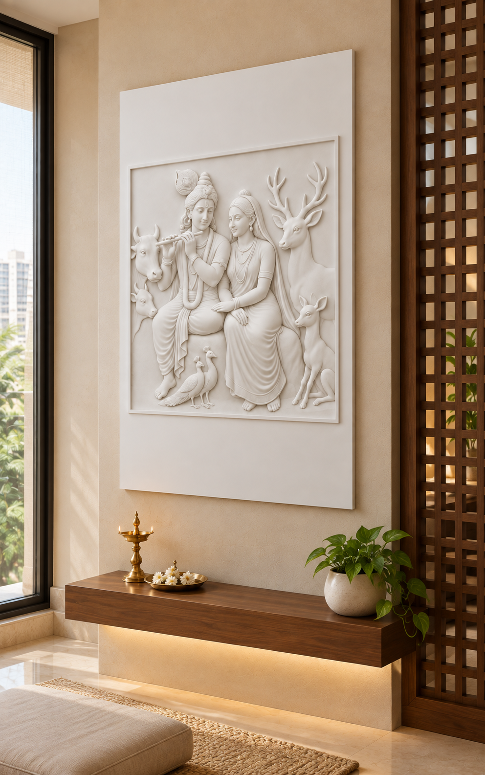 Woodland Radha Krishna satin white Corian wall panel right view in luxury Vile Parle Mumbai meditation nook with warm cream wall and walnut lattice partition
